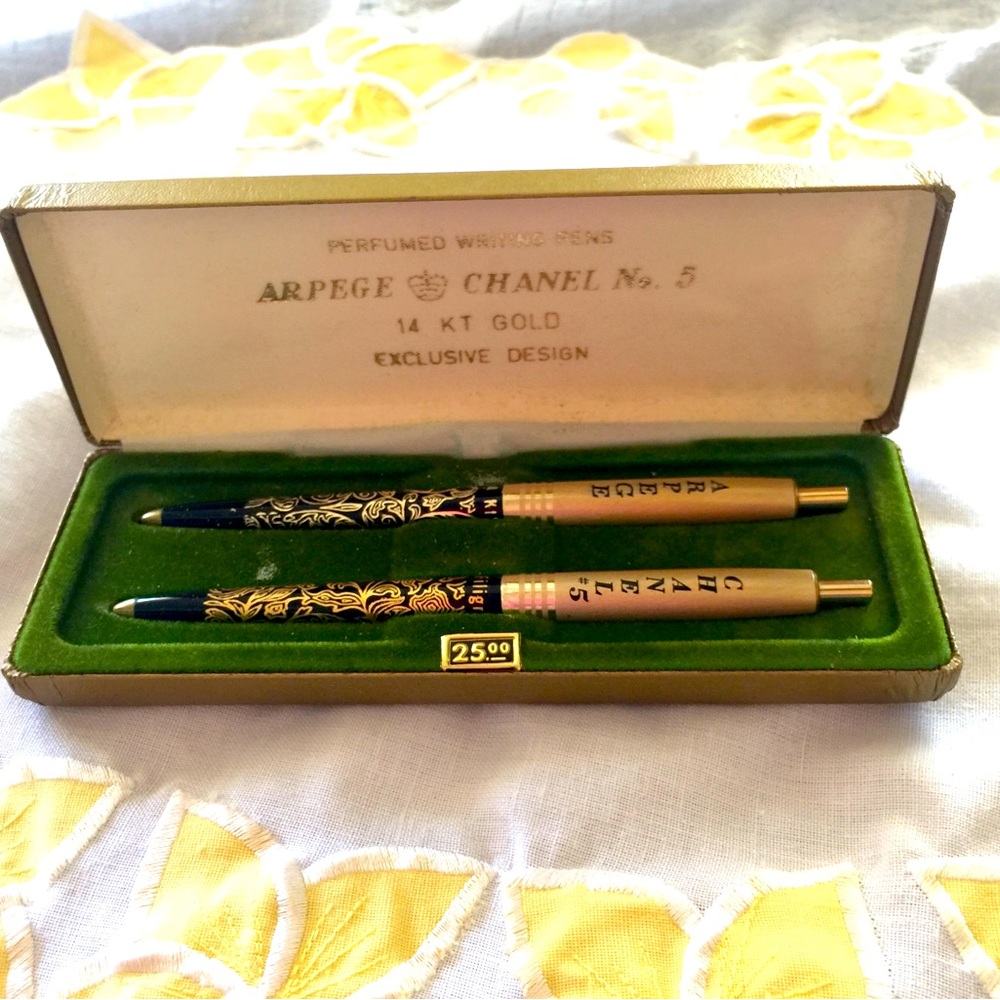 Vintage 14k gold perfumed pen writing set, Arpege  Chanel No. 5 mid century